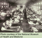 Hospital with rows of beds with Influenza patients - Photo courtesy of the National Museum of Health and Medicine