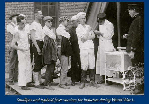 Men receiving vaccines against smallpox and typhoid fever during World War 1.